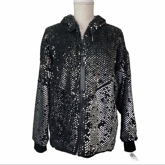 BLANKNYC Silver Sequin Bomber Jacket in Black Light NEW - Picture 3 of 15